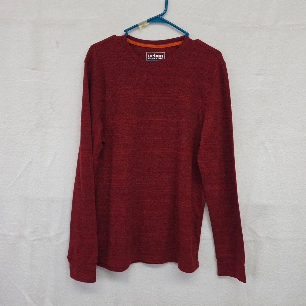 L Urban Pipeline Mens Long Sleeve Crew Neck Shirt Burgundy Red Heather Max Flex - Picture 1 of 9